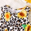 2pcs Baby Girl Yellow Ribbed Short-sleeve Ruffle Cardigan and Sunflower Leopard Sleeveless Dress Set Yellow