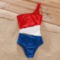 Family Matching Colorblock One Shoulder One-Piece Swimsuit and Swim Trunks Shorts Dark blue/White/Red
