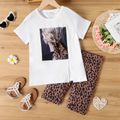 2pcs Kid Girl Figure Print Bowknot Design Slit Short-sleeve Tee and Leopard Print Shorts Set White