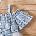 Baby Girl Tweed Splice Mesh Cold Shoulder Short-sleeve Bow Front Dress Color block