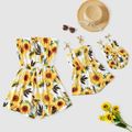 All Over Sunflowers Floral Print Off Shoulder Strapless Romper for Mom and Me White