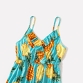 Family Matching Allover Pineapple Print Spaghetti Strap V Neck Midi Dresses and Short-sleeve Splice T-shirts Sets aquagreen