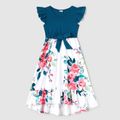 Family Matching Solid V Neck Flutter-sleeve Splicing Floral Print Dresses and Short-sleeve Colorblock T-shirts Sets Azure