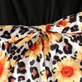 Kid Girl Floral Leopard Print Splice Sleeveless Ruffled Belt Rompers Black