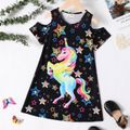 Kid Girl Unicorn Stars Print Cold Shoulder Short-sleeve Dress Black image 1