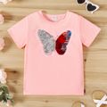 Kid Girl Butterfly Pattern Flip Sequin Short-sleeve Tee Pink