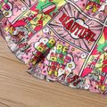 2pcs Baby Girl Solid Bow Front Shirred Cami Top and Allover Comics Print Shorts Set Pink