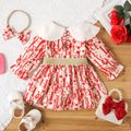 2pcs Baby Girl 95% Cotton Long-sleeve Peter Pan Collar All Over Letter Print Dress with Headband Set Red