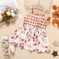 Baby Girl Button Design Plaid Splicing Leaf-print Sleeveless Dress Brown