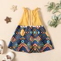 Baby Girl 100% Cotton Solid and Geometric Print Spliced Halter Neck Backless  Pom Poms Dress Color block image 1