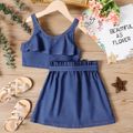 2pcs Kid Girl Ruffle Button Design Denim Camisole and Belted Skirt Set Blue