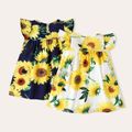 100% Cotton 2pcs Baby Girl All Over Sunflower Floral Print Flutter-sleeve Dresses Set MultiColour