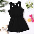 Kid Girl Solid Color U Collar Racer Back Sleeveless Rompers Black image 1