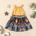Baby Girl 100% Cotton Solid and Geometric Print Spliced Halter Neck Backless  Pom Poms Dress Color block image 2