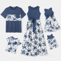 Family Matching Solid Splicing All Over Coconut Tree Print Tank Dresses and Short-sleeve T-shirts Sets DENIMBLUE