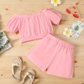 2pcs Kid Girl Solid Color Off Shoulder Short-sleeve Tee and Bowknot Design Shorts Set Pink