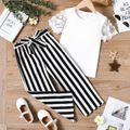 2pcs Kid Girl 3D Floral Design Mesh Short-sleeve White Tee and Belted Stripe Ankle Length Pants Set OffWhite
