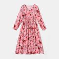 Family Matching Pink Floral Print Long-sleeve Midi Dresses and Striped Short-sleeve T-shirts Sets Pink