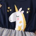 Kid Girl Unicorn Print Star Glitter Design Irregular Hem Mesh Splice Flutter-sleeve Dress Dark Blue