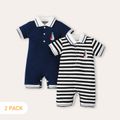 2pcs Baby Boy 95% Cotton Short-sleeve Embroidered Contrast Collar Snap Rompers Set Blue image 1