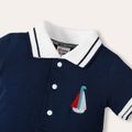 2pcs Baby Boy 95% Cotton Short-sleeve Embroidered Contrast Collar Snap Rompers Set Blue image 4