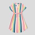 Family Matching Multicolor Striped V Neck Short-sleeve Belted Dresses and Colorblock T-shirts Sets COLOREDSTRIPES image 2