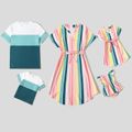 Family Matching Multicolor Striped V Neck Short-sleeve Belted Dresses and Colorblock T-shirts Sets COLOREDSTRIPES image 1