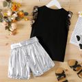 2pcs Kid Girl Ribbed Polka dots Mesh Flutter-sleeve Tee and Belted Metallic PU Shorts Set Black
