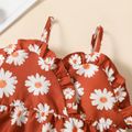 2pcs Toddler Girl Floral Allover Sleeveless Red Sling Top and Bow Decor Apricot Shorts Set Apricot image 3