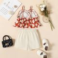 2pcs Toddler Girl Floral Allover Sleeveless Red Sling Top and Bow Decor Apricot Shorts Set Apricot image 2