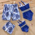 Family Matching Solid One Shoulder Cut Out One-Piece Swimsuit and Allover Palm Leaf Print Swim Trunks Shorts Blue