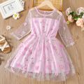 Kid Girl Floral Embroidered Mesh Design Long-sleeve Pink Party Dress Light Purple