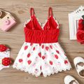 Baby Girl 100% Cotton Solid Splice All Over Strawberry Print Lace Cami Romper Red