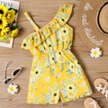 Kid Girl Floral Print Flounce One Shoulder Sleeveless Strap Rompers Yellow