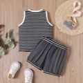 2pcs Toddler Boy Striped Sleeveless Tank Top and Solid Shorts Grey or Brown Set Grey image 2