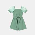Polka Dots Mesh Puff-sleeve Square Neck Ribbed Belted Romper for Mom and Me GrayGreen image 2