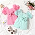 Baby Girl Pink Beaded Floral Applique Puff-sleeve Ribbed Belted Romper Pink image 2