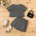 2pcs Toddler Girl Houndstooth Print Button Design Tweed Style Short-sleeve Tee and Shorts Set BlackandWhite