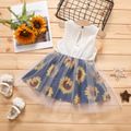 Baby Girl 3D Floral Appliques Detail Solid and Sunflower Print Splice Bow Front Mesh Tank Dress Blueblackwhite