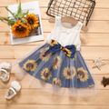 Baby Girl 3D Floral Appliques Detail Solid and Sunflower Print Splice Bow Front Mesh Tank Dress Blueblackwhite