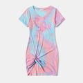 Family Matching Tie Dye V Neck Twist Knot Short-sleeve Bodycon T-shirt Dress for Mom and Me powderblue