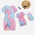 Family Matching Tie Dye V Neck Twist Knot Short-sleeve Bodycon T-shirt Dress for Mom and Me powderblue