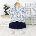 2pcs Toddler Boy Vacation Flora Tree Print Lapel Collar Shirt and Shorts Set Tibetanblue image 1