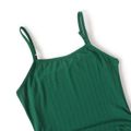 Family Matching Green Ribbed Drawstring Ruched Bodycon Cami Dresses and Striped Short-sleeve Shirts Sets Green