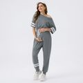 Maternity Contrast Striped Tape Short-sleeve Pocket Drawstring Jumpsuit Grey