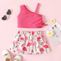 2pcs Baby Girl Solid Ribbed One Shoulder Strap Ruched Crop Top and Allover Flamingo Print Skirt Set Peach