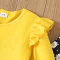 2pcs Kid Girl Ruffled Bowknot Design High Low Long-sleeve Tee and Floral Print Leggings Set Yellow