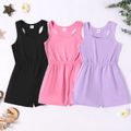 Kid Girl Solid Color U Collar Racer Back Sleeveless Rompers Black image 2