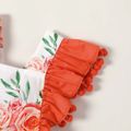 Baby Girl Allover Floral Print Pom Poms Ruffle Trim Sleeveless Romper Lightorangepowder