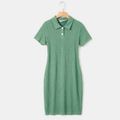 Green Textured Short-sleeve Button Up Bodycon Dress for Mom and Me Green